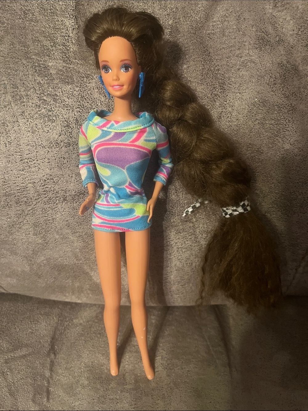Vintage 1991 Totally Hair Barbie Brunette Doll #1117 - Original Dress & Jewelry